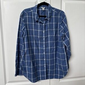 L.L. Bean Linen Shirt Womens XL Blue Plaid Vacation Resortwear Blue Coastal